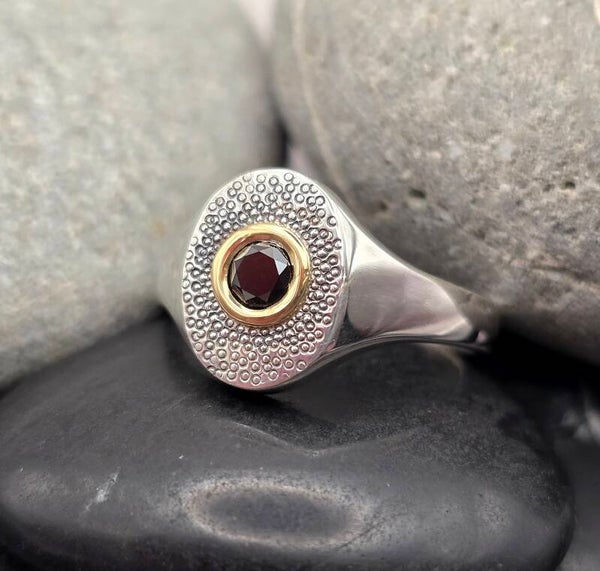 Gents Black Diamond Signet Ring – Silver & 18ct Gold