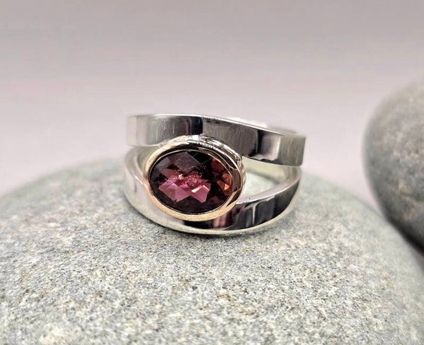 Pink Tourmaline Ring – Silver Split Band with Rose Gold Setting