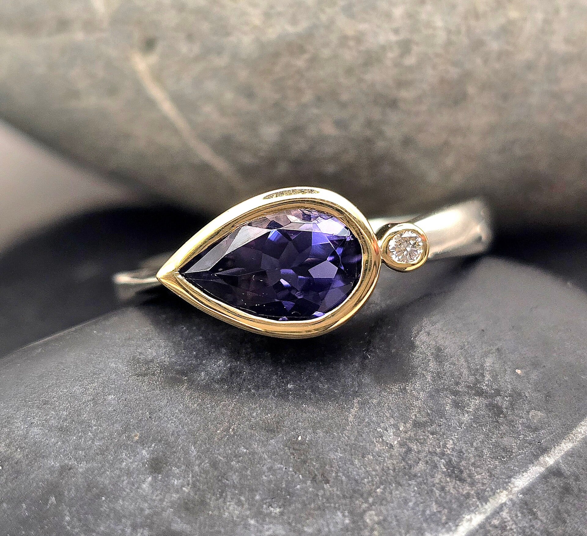 Iolite & Lab-Grown Diamond Pear Ring – Silver & 18ct Yellow Gold