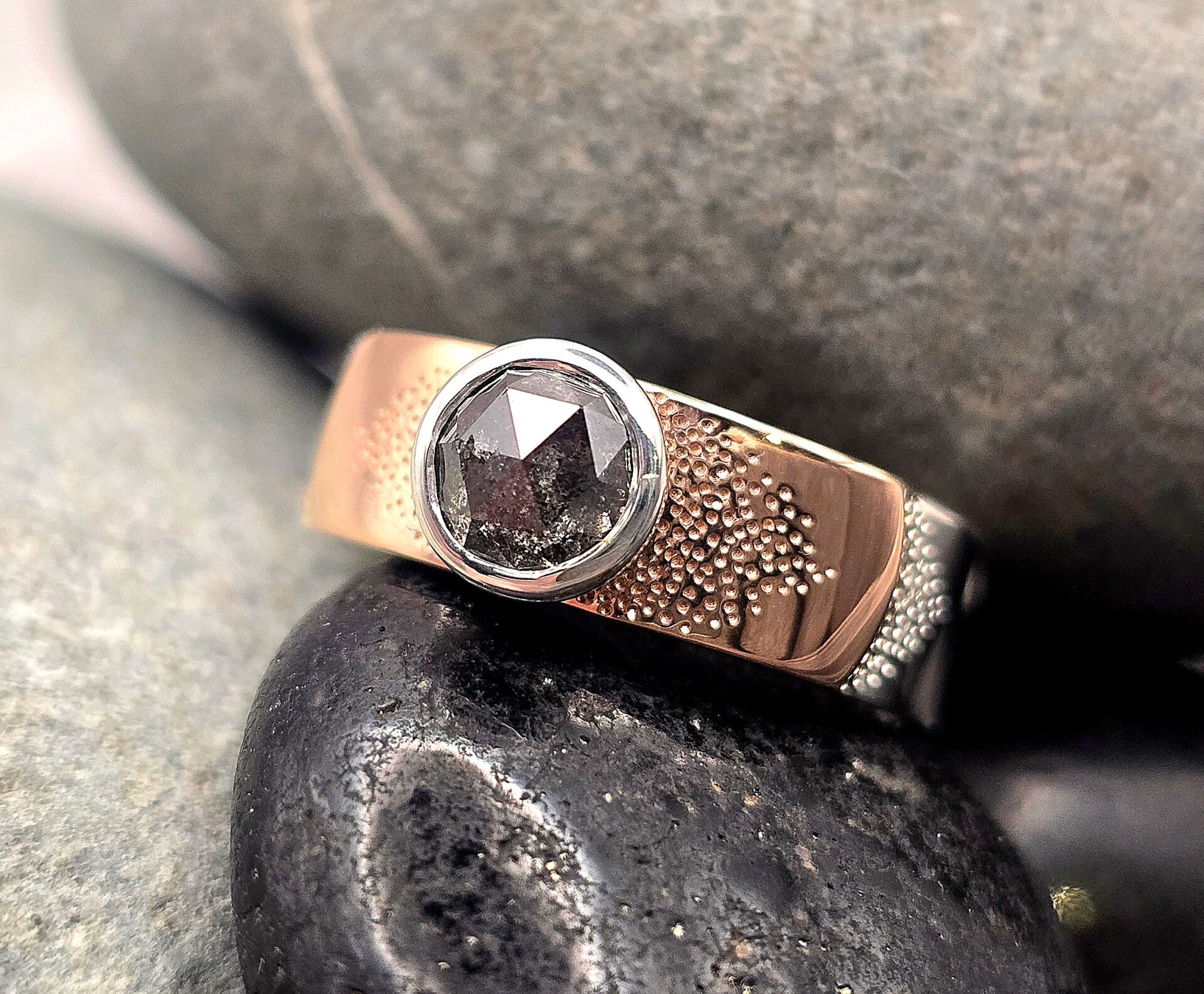 Salt & Pepper Rose Cut Diamond Ring – Silver with 9ct Rose Gold