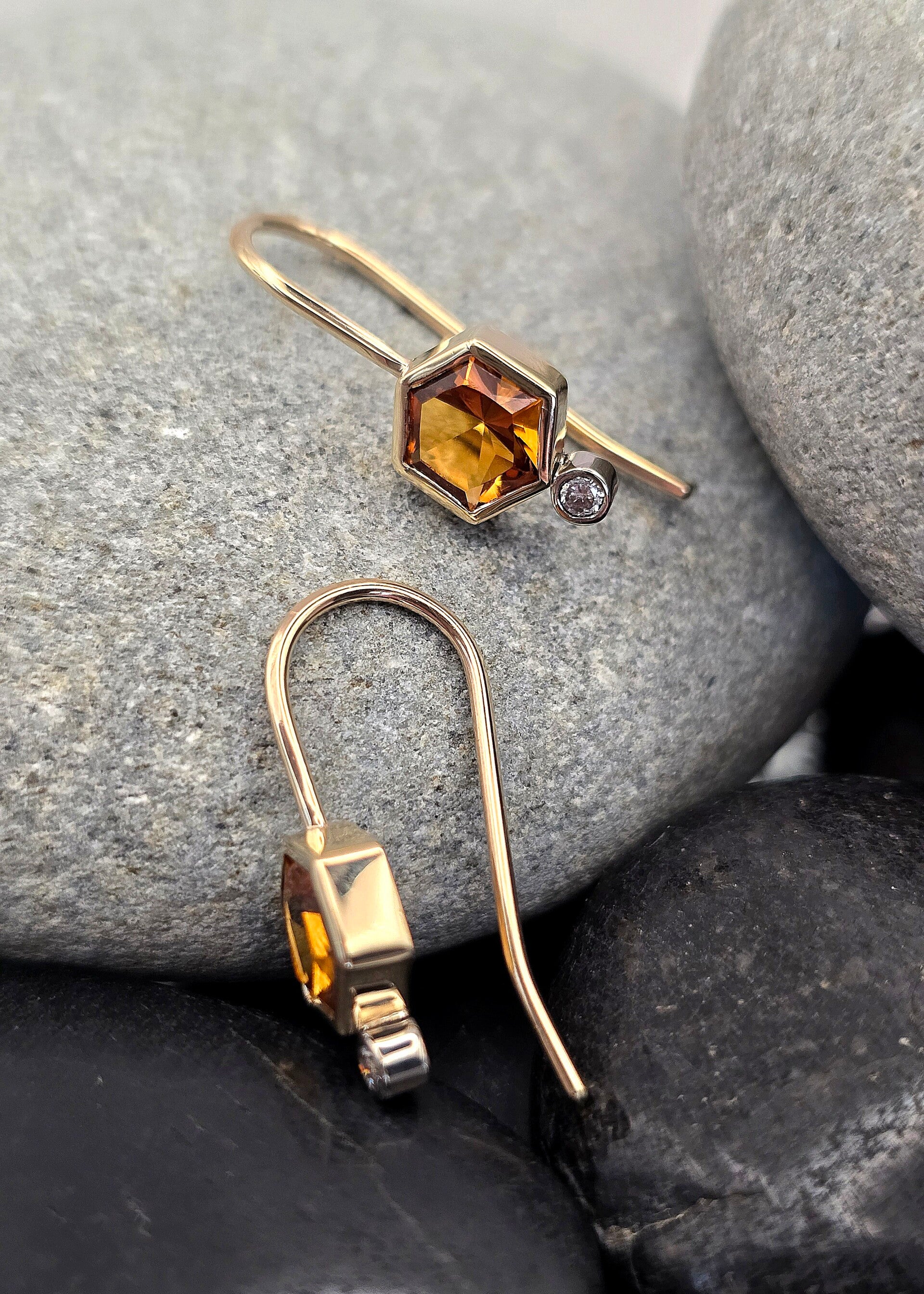 Citrine & Diamond Hexagon Earrings – Solid 9ct Gold