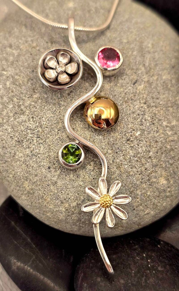 Pink & Green Tourmaline Pendant — Silver & 18ct Gold
