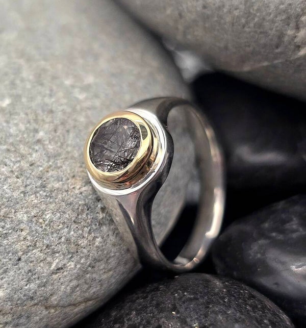 Silver, 18ct Gold & Tourmalinated Quartz Ring