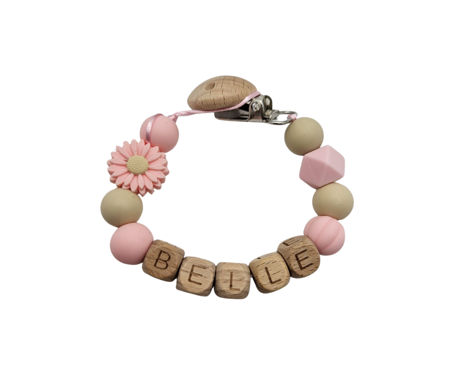 Speenkoord met naam - Roze/bloem