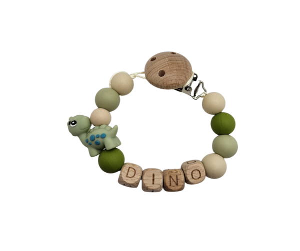 Speenkoord met naam - Groen/beige/dino