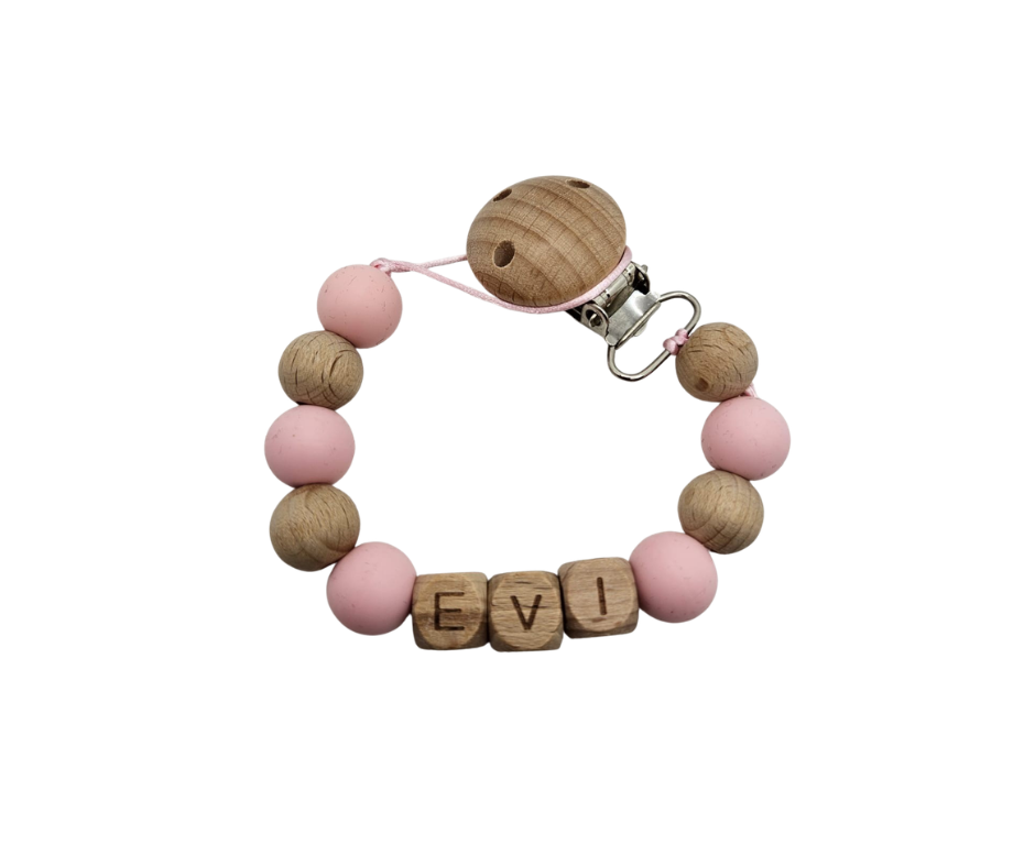 Speenkoord met naam - Hout/babyroze
