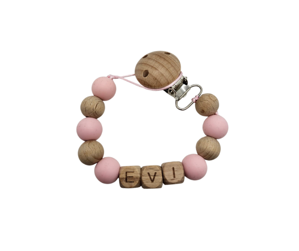 Speenkoord met naam - Hout/babyroze