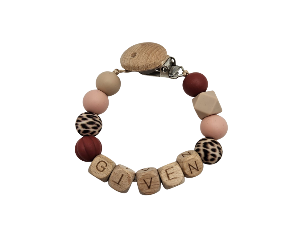 Speenkoord met naam - Panter/burgundy
