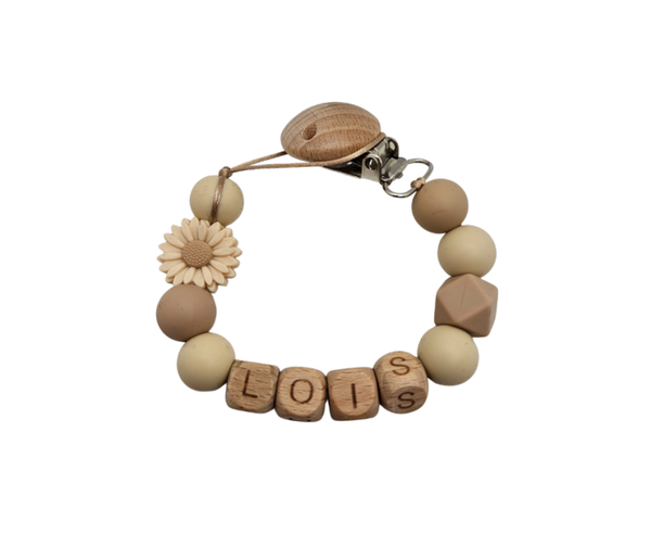 Speenkoord met naam - Beige/bloem