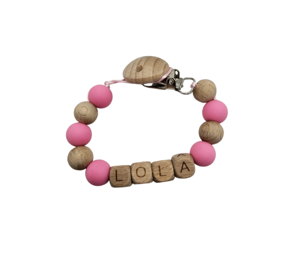 Speenkoord met naam - Roze/hout