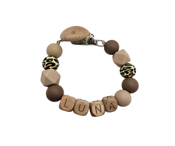 Speenkoord met naam - Panter/bruin/beige
