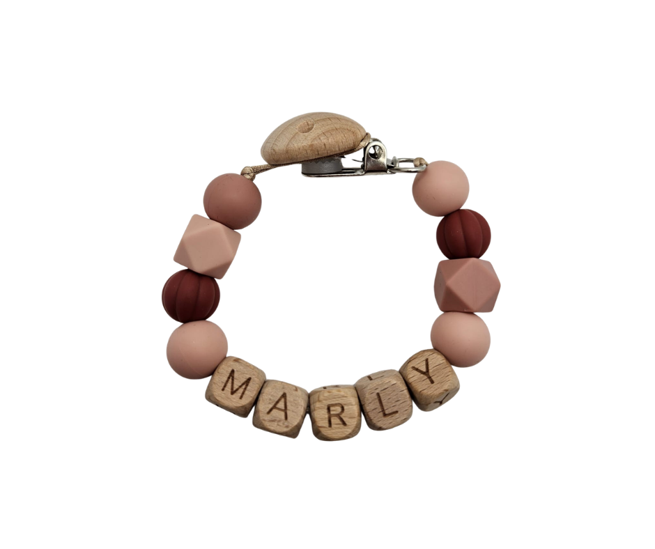 Speenkoord met naam - Peach/burgungy
