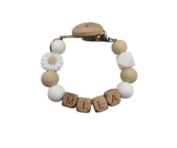 Speenkoord met naam - Bloem/beige/wit