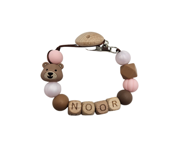 Speenkoord met naam - Beer/roze