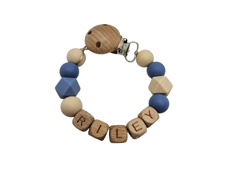 Speenkoord met naam - Blauw/beige
