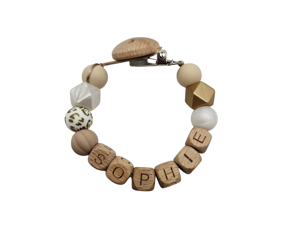 Speenkoord met naam - Beige/goud