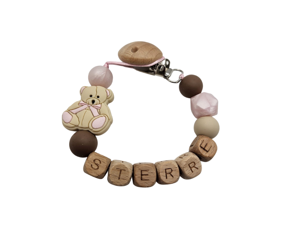 Speenkoord met naam - Beer roze/bruin