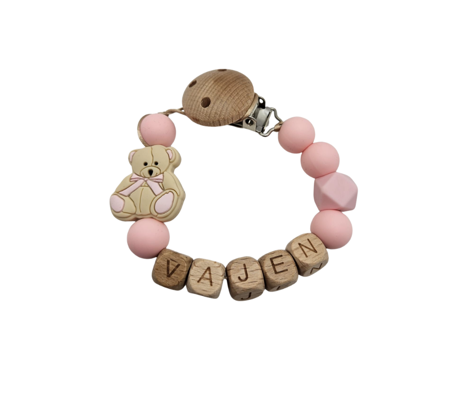 Speenkoord met naam - Beer/babyroze