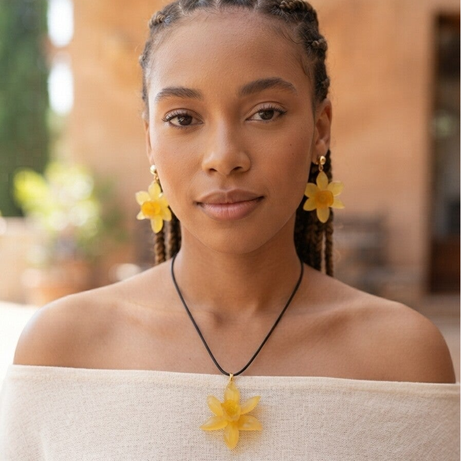 Parure Jonquille — fleurs véritables (Collier & Boucles d'oreilles)