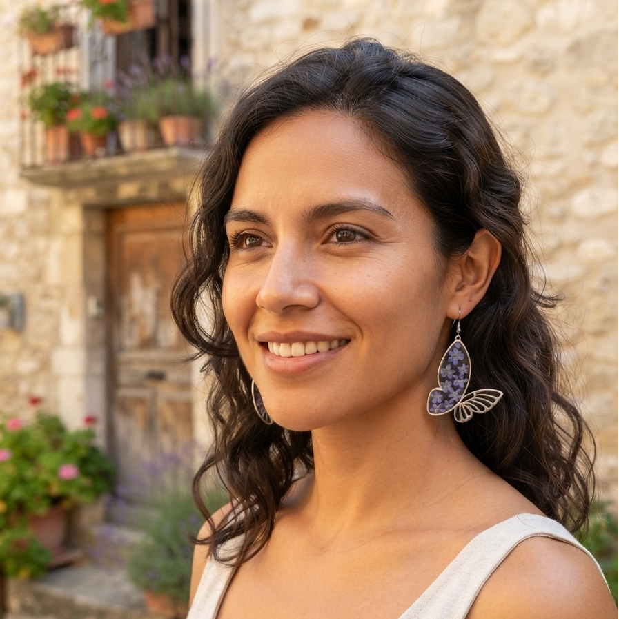 Boucles d’oreilles Papillon Myosotis — fleur véritable