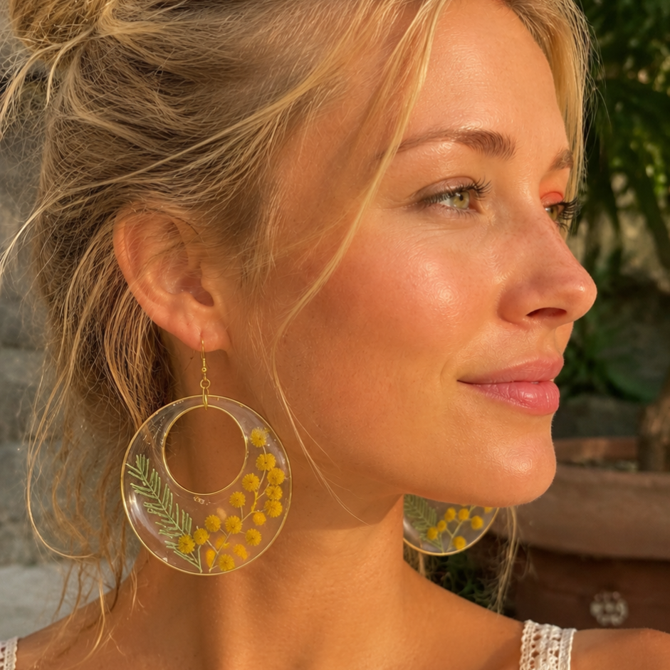 Boucles d’oreilles Mimosa — fleur véritable