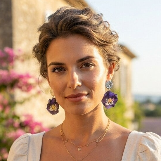 Boucles d’oreilles Pensée — fleurs véritables