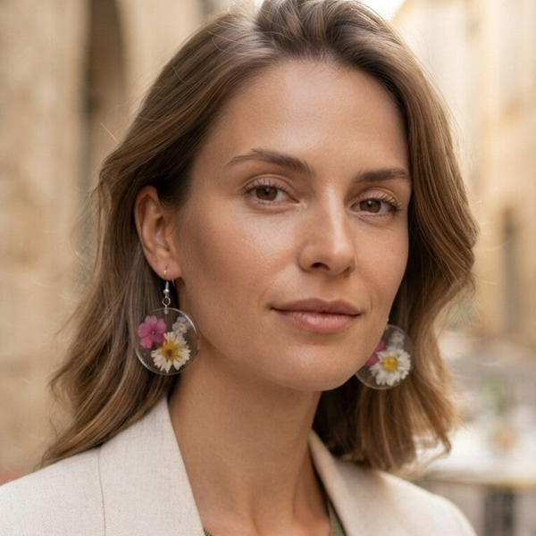 Boucles d’oreilles Cercles 3  fleurs véritables
