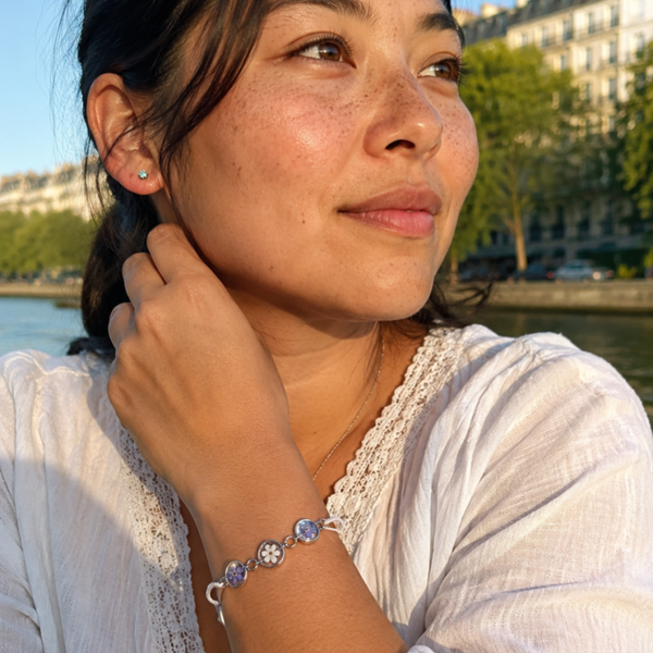 Bracelet 3 charms Myosotis — fleurs véritables