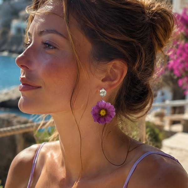 Boucles d’oreilles Primevère Violette — fleur véritable