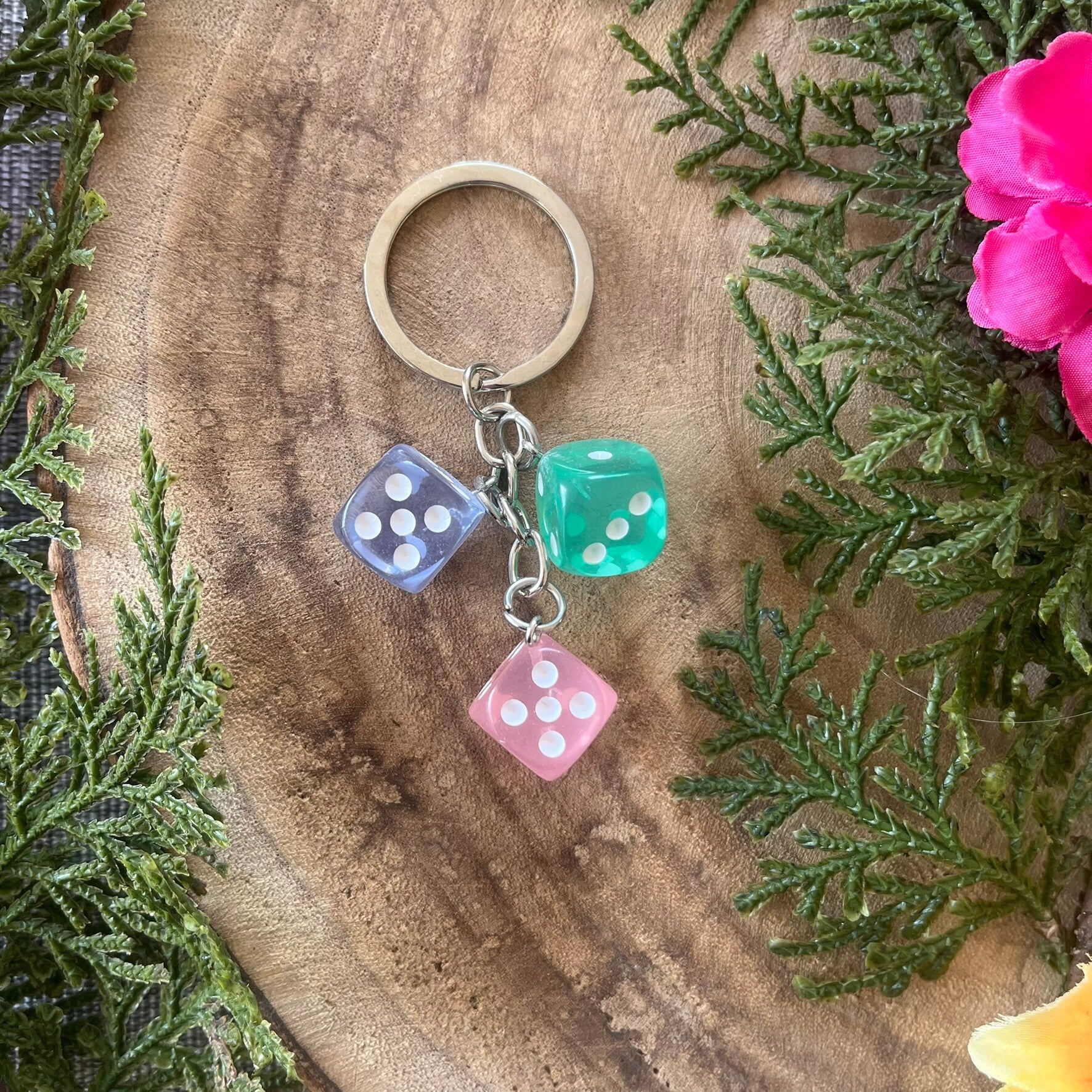 Sleutelhanger Dobbelsteen - Groen-Blauw-Roze - Transparant