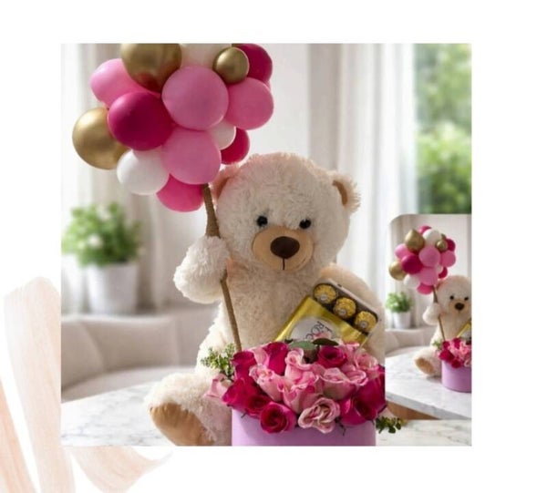Regalo de oso de Peluche, chocolates, rosas artificiales y globos y globos