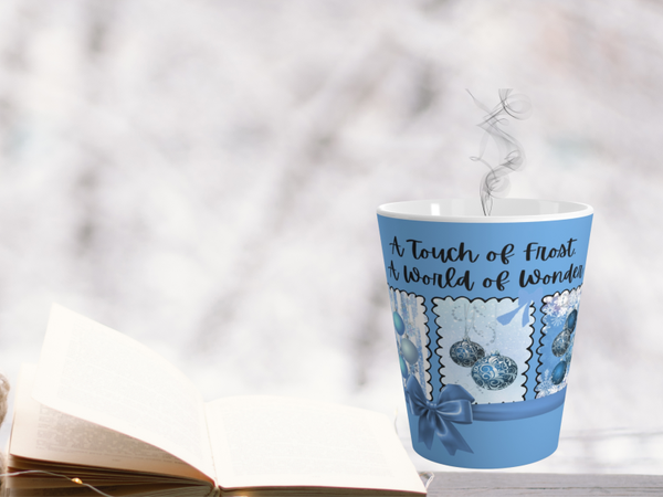 Charming Blue Holiday Latte Mug, 'A Touch of Frost, A World of Wonder'