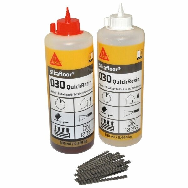 Sikafloor 030 QuickResin 2K Silikat Gießharz Estrich Harz Verfüllung von Rissen & Scheinfugen 2 Flaschen á 300ml + 20 Estrichklammern