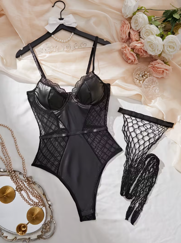 Sexy Black Lace Bodysuit with Mesh Overlay