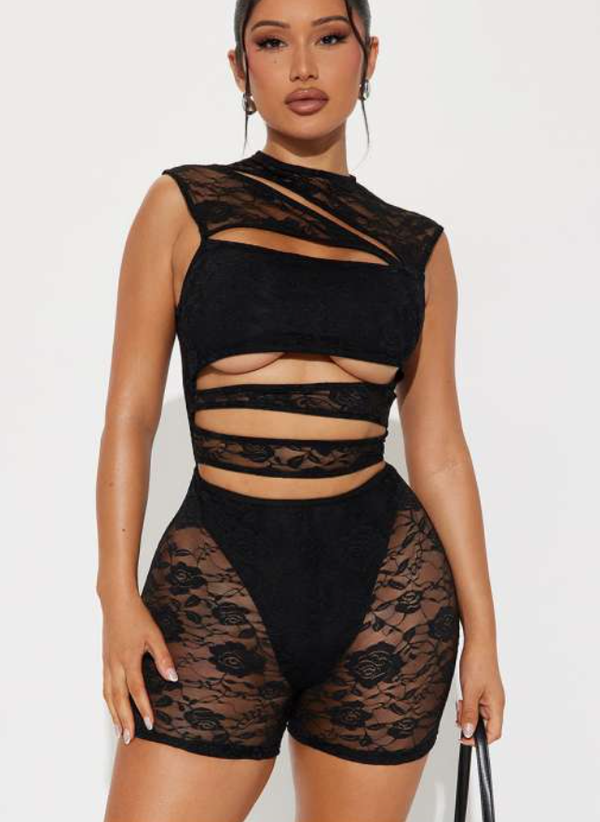 Sleeveless Hollow-out Lace Sheer Rompers
