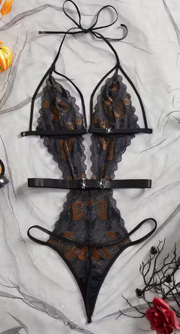 Sexy Halloween-Themed Black Bodysuit with Cut-Out Waist & Strapless Design