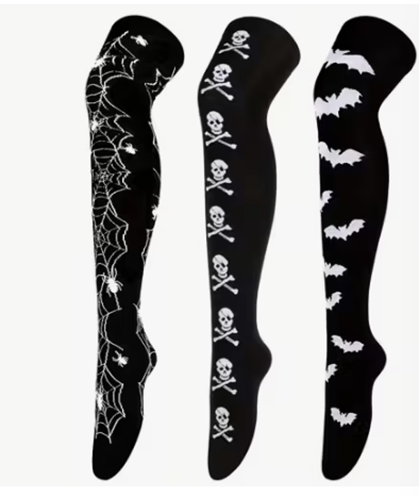 Halloween-themed skull and bat full-body print funny Women's over-the-knee socks