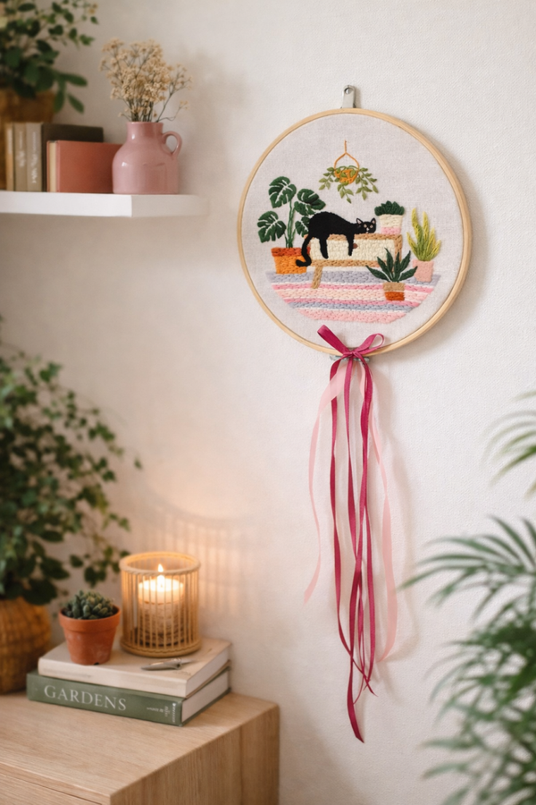 Cozy cat - Handgemaakt borduurwerk in houten ring