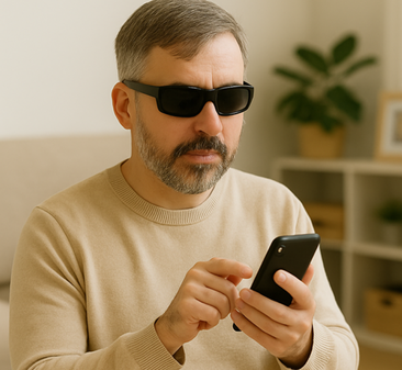 Vision-impaired man with grey beard and dark glasses uses his BankAbility mobile app at home, wearing beige jumper in calm, softly lit setting.