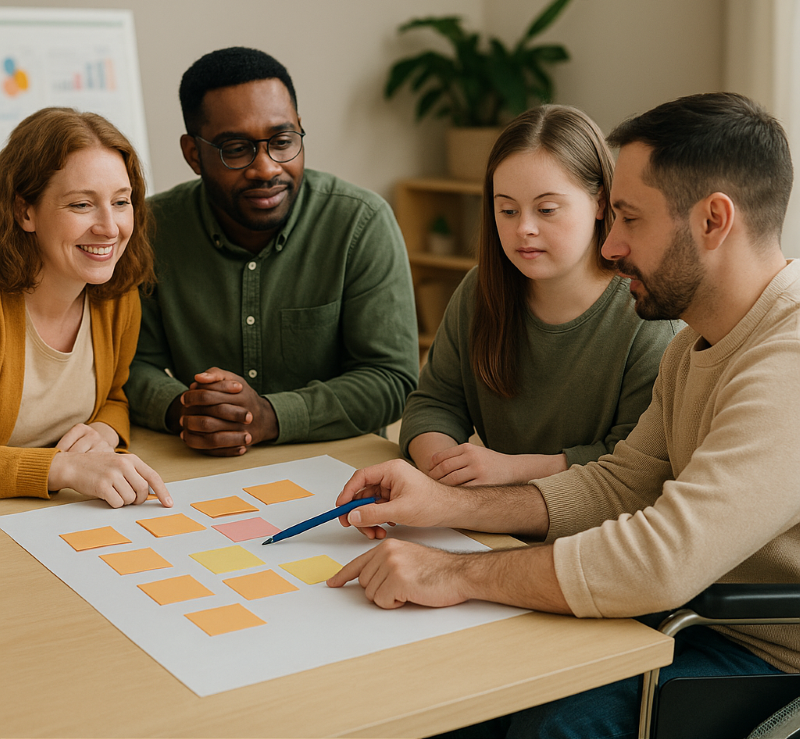 Accessibility design session with white man in wheelchair, young white woman with Down syndrome, Black man with glasses, and red-haired white woman.