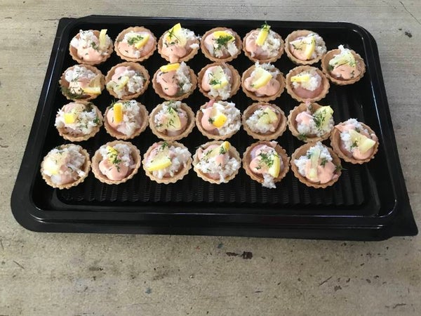 Prawn & crab tart with seafood sauce canapesx