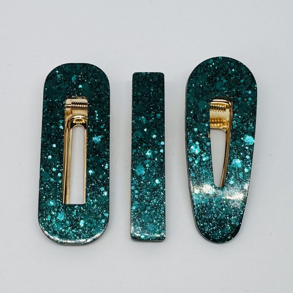 x3 barrettes vertes pailletées