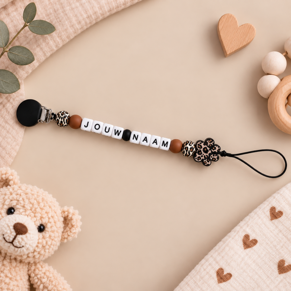 Gepersonaliseerd Speenkoord - Panterprint met Dierenpootje & Clip naar Keuze