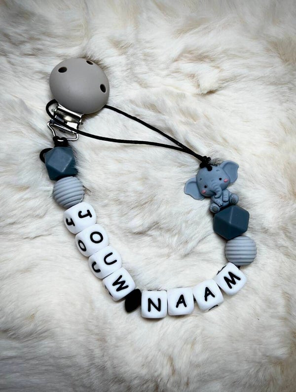 Gepersonaliseerd Speenkoord - Grijs Olifantje & Siliconen Kralen