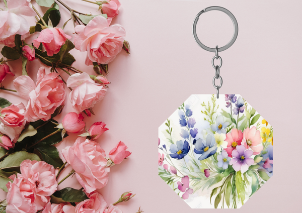 Kunststof Sleutelhanger met Wilde Bloemen in Aqua Waterverf