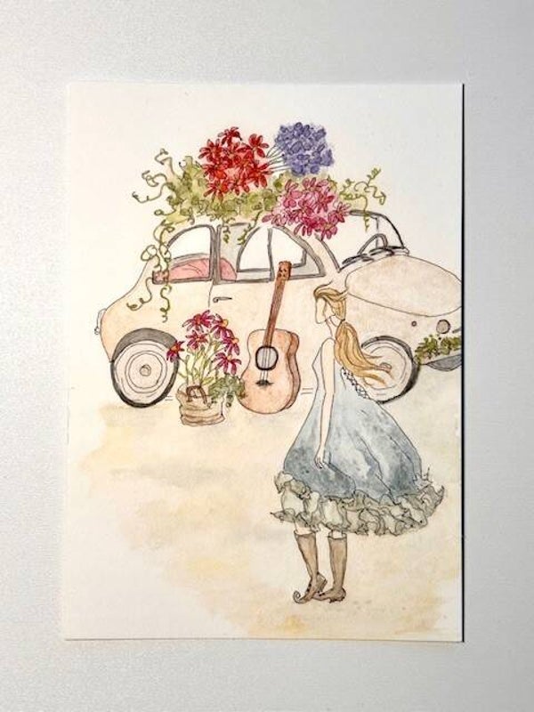 Grußkarte Aquarell – Flower Power mit Fiat & Gitarre