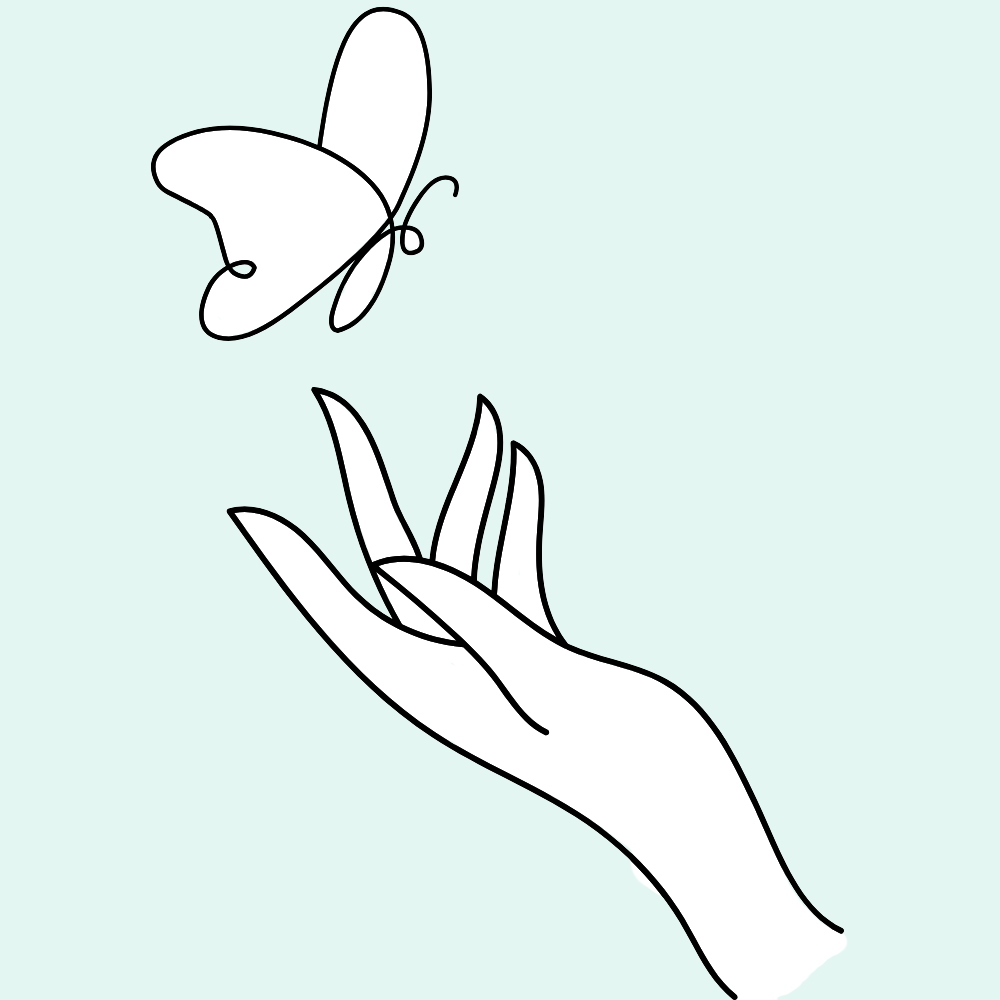 Lijntekening van een hand en een wegvliegende vlinder, gebruikt als symbool voor het traject Balans en Energie