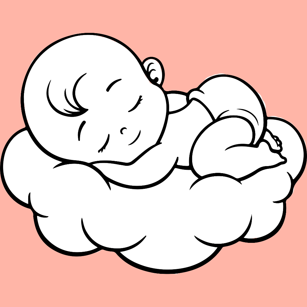 Lijntekening van een slapende baby op een wolk, gebruikt als beeld bij het Spiritbaby-traject