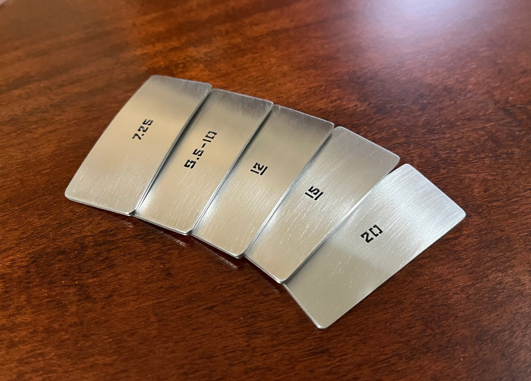 GMC Luthier Tools String Action & Setup Gauges. Full set of 5-gauges laid out in a fanned shape.