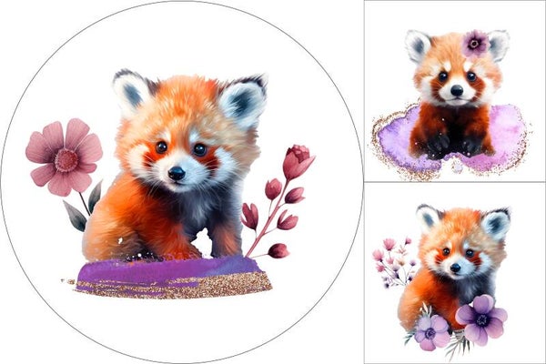 Panneau tapis rond + coussin Panda Roux Fleuris